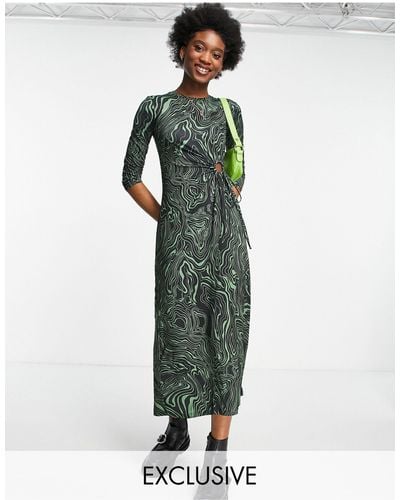 Stradivarius Long Sleeve Midi Dress With Cut Out Detail - Green