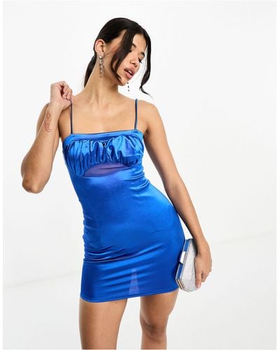 Naanaa Satin Bodycon Mini Dress With Ruched Bust Detail - Blue