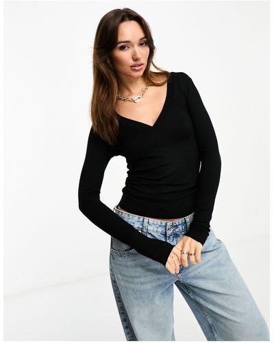 River Island Long Sleeve Fitted V-neck Top - Black