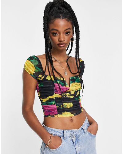 Black Crop Top - Multi Colour Runched Crop Top - Floral Crop Top