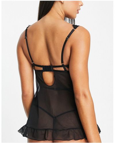 Hunkemöller Hunkemöller – seraphina – set aus ungepolstertem spitzen-babydoll mit bügeln und string - Schwarz