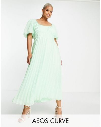 ASOS Asos Design Curve Puff Sleeve Pleated Dobby Midi Dress With Scallop Trim - Green