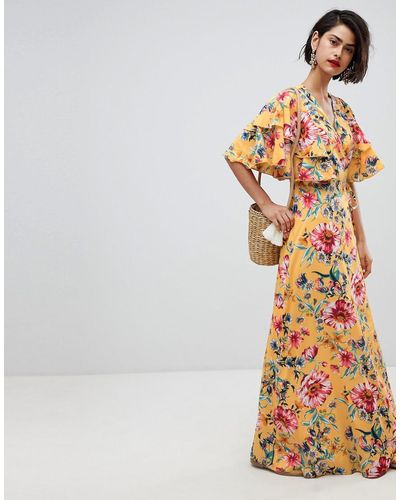 Vero Moda Floral Maxi Dress With Frill Sleeve - Yellow