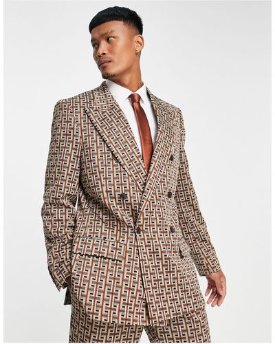 River Island Double Breasted Geo Suit Jacket - Natural