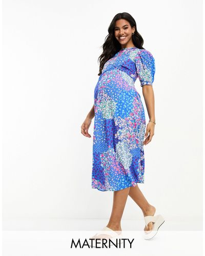 Influence Maternity Flutter Sleeve Midi Tea Dress - Blue