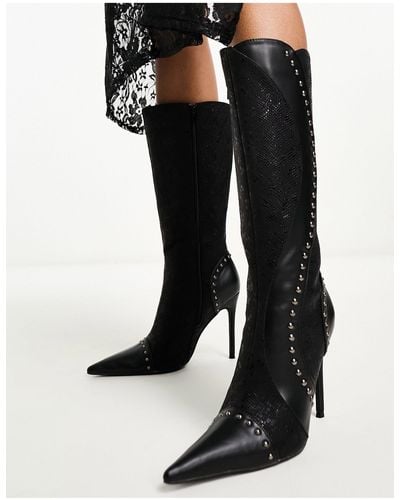 Daisy Street Wavy Studded Knee Boots - Black