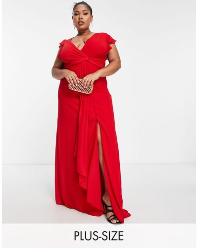 Tfnc Plus Bridesmaid Flutter Sleeve Ruffle Detail Maxi Dress - Red