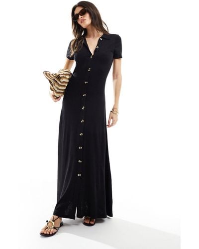 ASOS Collared Linen Look Maxi Tea Dress With Button Front - Black