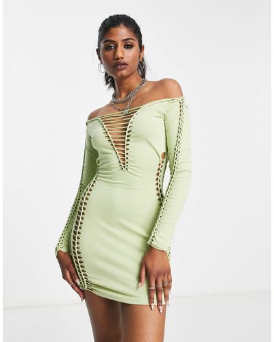 ASOS Long Sleeve Lace Up Macrame Bodycon Mini Dress - Green