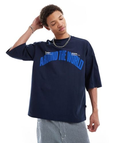 Dr. Denim Curtis Oversized Fit Around The World Embroidery T-shirt - Blue