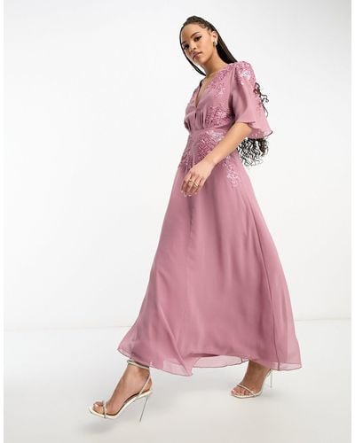 Hope & Ivy Plunge Front Embellished Maxi Dress - Pink