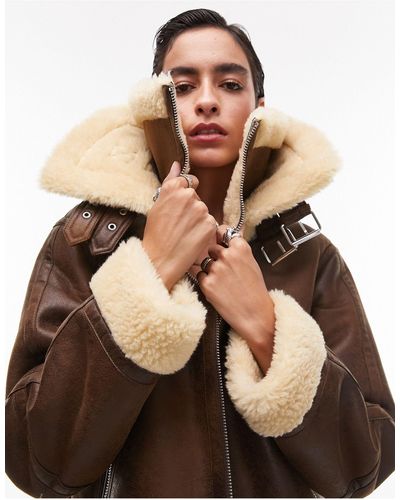 TOPSHOP Faux Suede Shearling Zip Front Oversized Aviator Jacket With Double Collar Detail - Brown