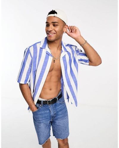 Only & Sons Oversized Revere Collar Stripe Shirt - Blue