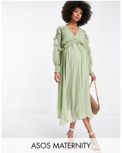 ASOS Asos Design Maternity - Midi-jurk Met Geborduurde Details En Kanten Randje - Groen