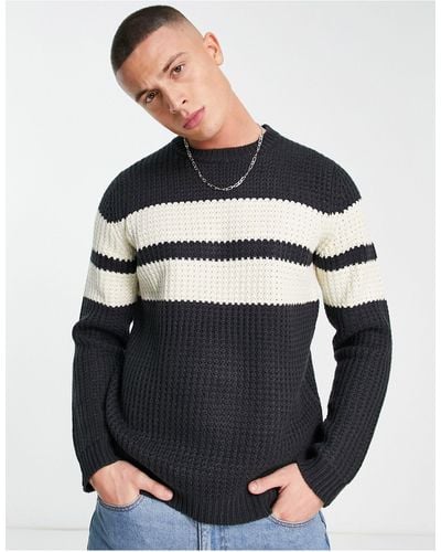 Only & Sons Chunky Textured Knitted Sweater With Contrast Stripe - Gray