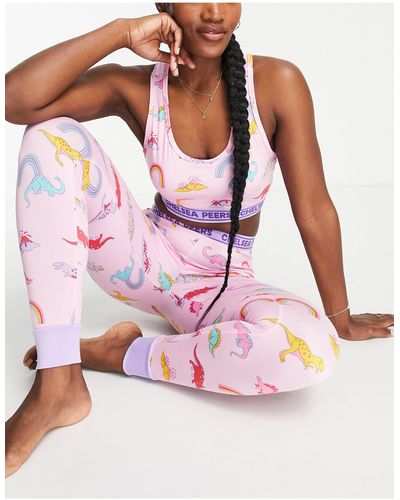 Chelsea Peers Rainbow Dinosaur Crop Top And leggings Pajama Set - Pink