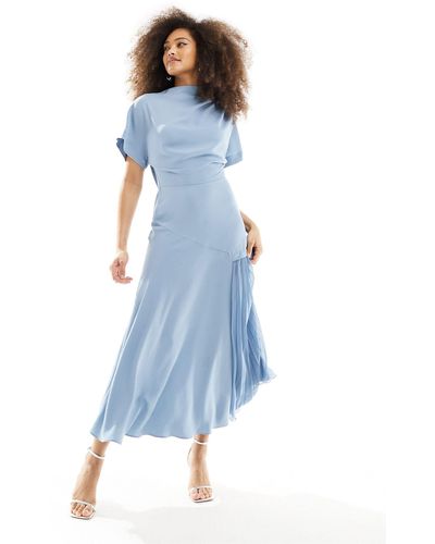 ASOS Cowl Neck Midi Dress With Asymmetric Pleat Hem - Blue