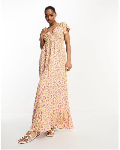 Monki Robe longue à taille froncée et imprimé fleurs - Neutre