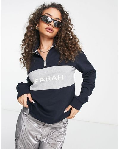 Farah Orford - sweat en coton coupe boyfriend avec logo et col zippé - Bleu