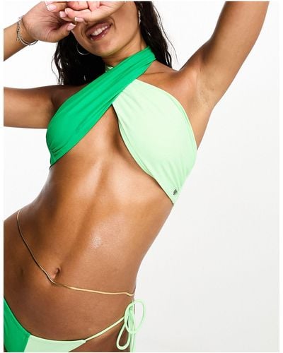 Candypants Top bikini avvolgente incrociato al collo color block - Verde