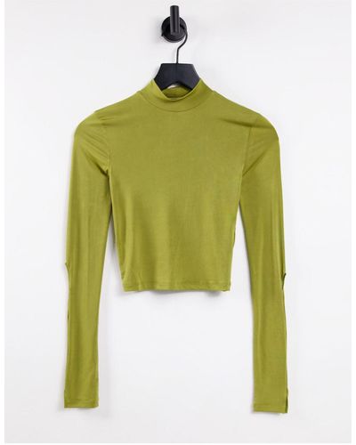 Pull&Bear Long Sleeved Polo Neck Top With Cut Out Sleeves - Green
