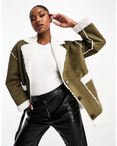 In The Style Exclusive Faux Suede Contrast Borg Seam Detail Jacket - Green