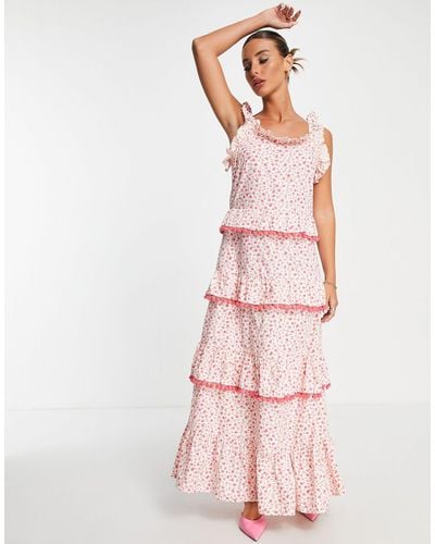 Y.A.S Pom Pom Maxi Dress With Tiering - Pink