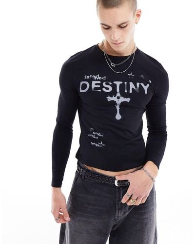 ASOS Muscle Fit Long Sleeve T-shirt With 'destiny' Chest Print - Blue