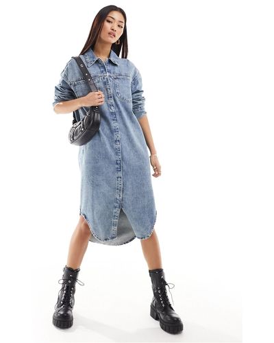 ASOS Denim Midaxi Shirt Dress With Front Pockets - Blue