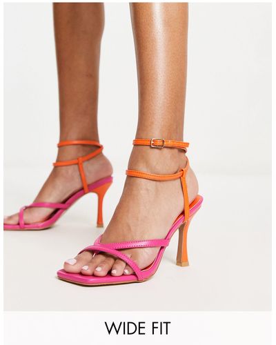 Simply Be Contrast Strappy Square Toe Heeled Sandals With Ankle Tie - Pink