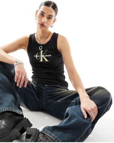 Calvin Klein Archival - top senza maniche a coste con monogramma del logo - Nero