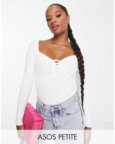 ASOS Asos Design Petite Knitted Top With Sweetheart Neck And Lace Up Front Detail - White