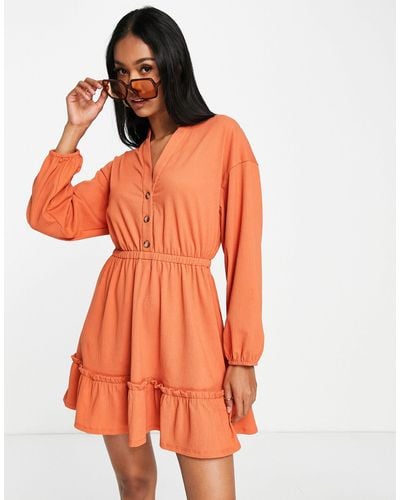 ASOS Textured Long Sleeve Waisted Mini Shirt Dress With Tier Hem - Orange