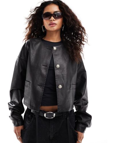 Lioness Leather Look Collarless Bomber Jacket - Black