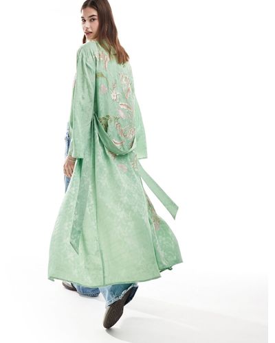 Reclaimed (vintage) Satin Kimono With Embroidery - Green