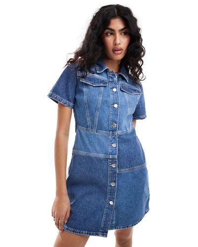 ONLY Short Sleeve Patchwork Denim Mini Dress - Blue