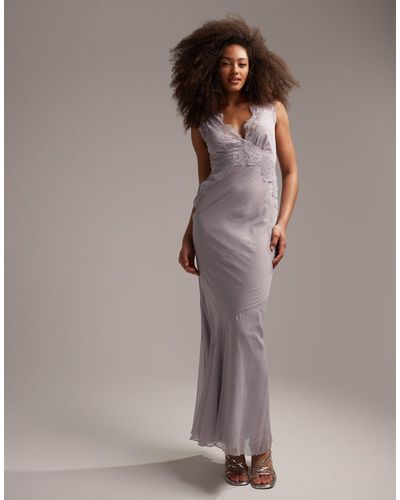ASOS Bias Cut Chiffon Maxi Dress With Applique Lace - White