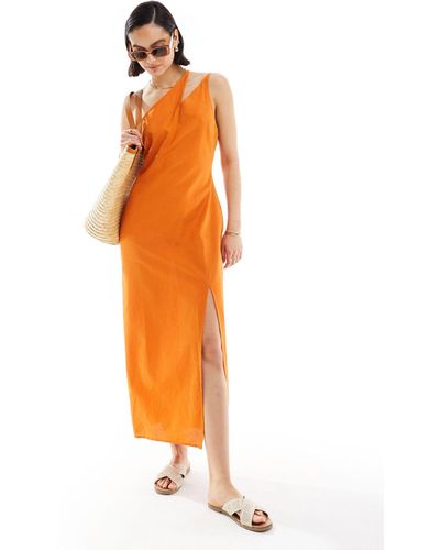 ASOS Robe d'été mi-longue et asymétrique en lin avec bretelle fendue - orange brûlé