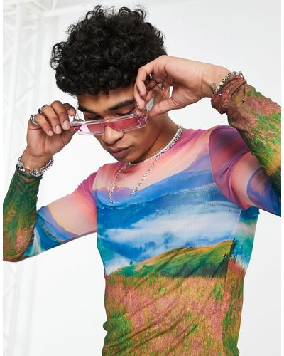 ASOS T-shirt moulant à manches longues en tulle imprimé paysage - Multicolore