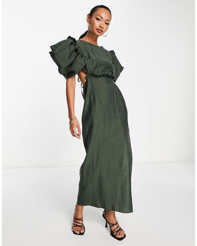 ASOS Pin Tuck Midi Dress With Puff Sleeve & Cut Out Waist Detail - Green