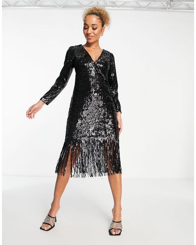 Y.A.S Fringe Sequin Midi Dress - Black