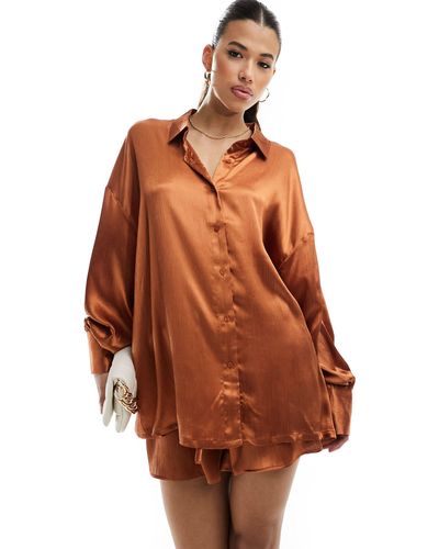 In The Style Long Sleeve Satin Shirt Co-ord - Brown