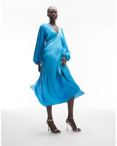 TOPSHOP Long Sleeve Riveria Occasion Dress - Blue