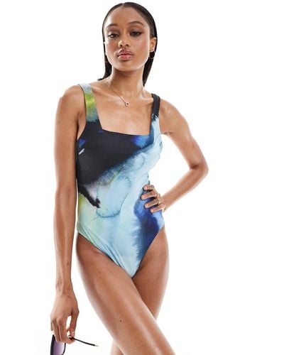 ASOS Tall Whitney Square Neck Swimsuit - Blue