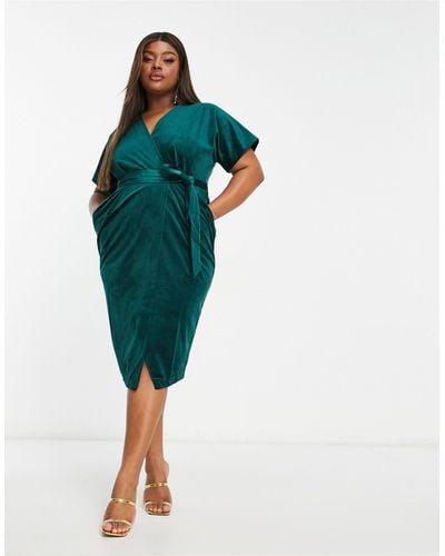 Closet London Plus Kimono Sleeve Velvet Midi Dress With Wrap Tie - Green