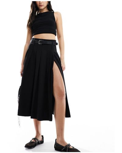 Bershka Pleated Tailored Midi Skirt With Belt - Black
