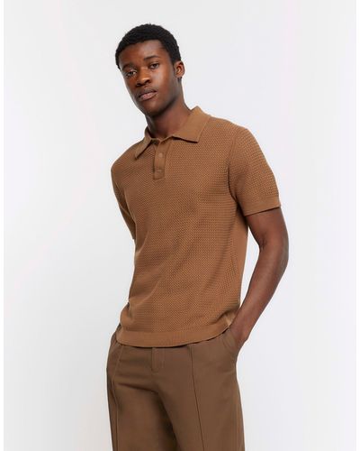 River Island Slim Fit Textured Knit Polo - Brown