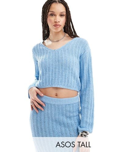 ASOS Asos Design Tall Knitted V Neck Crop Jumper - Blue