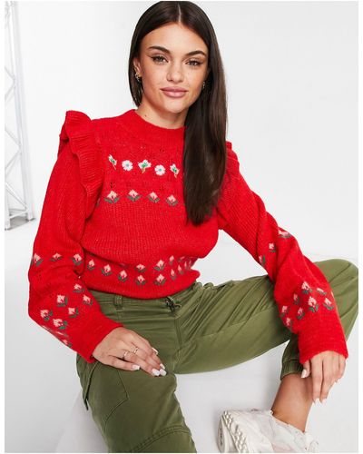Miss Selfridge Embroide Frill Shoulder Sweater - Red