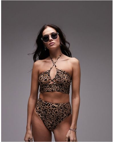 TOPSHOP – mix and match – lang geschnittenes neckholder-bikinioberteil mit leopardenmuster - Mehrfarbig